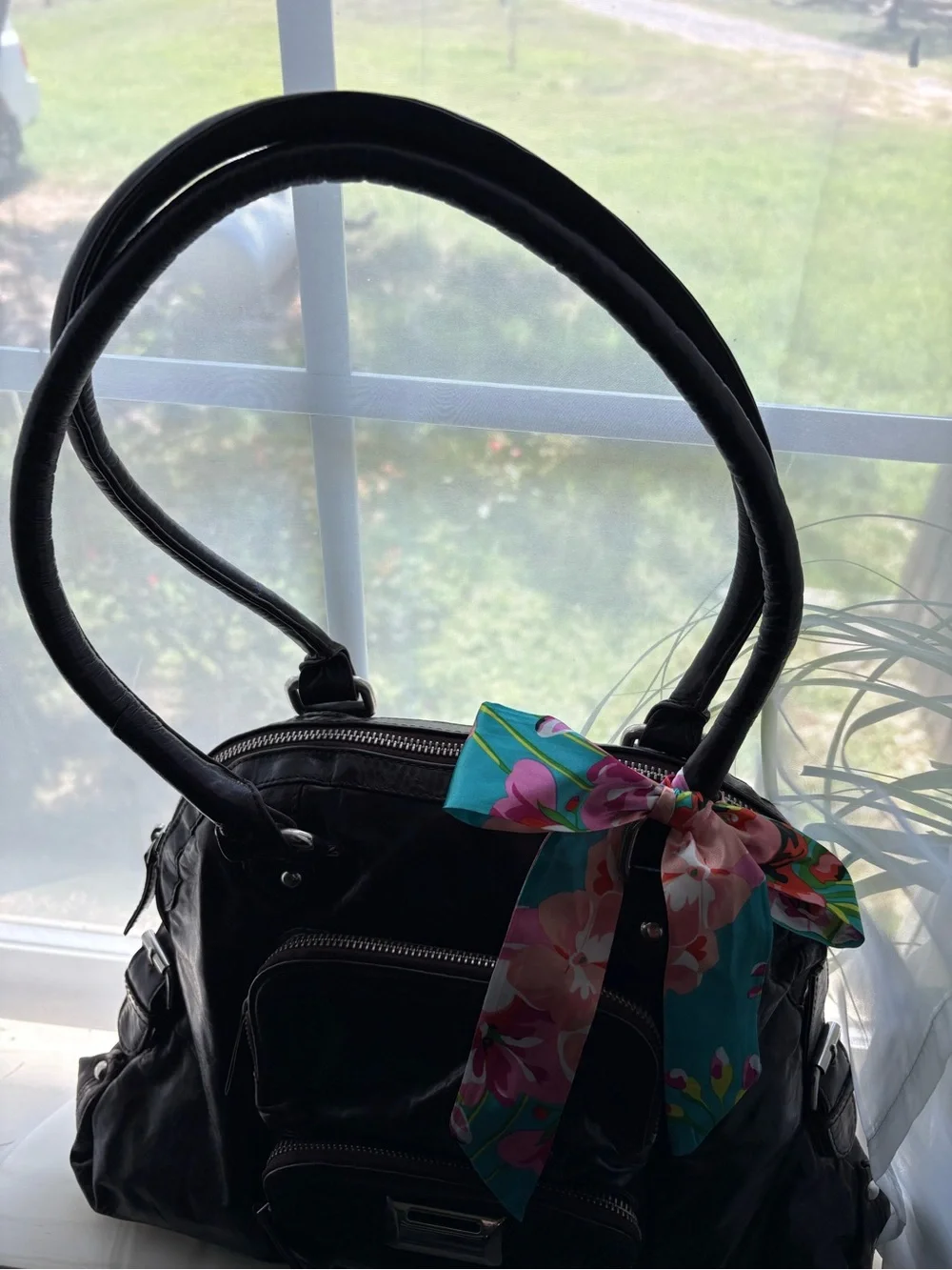 latico Dark Brown Leather Shoulder Bag with Blue Floral Scarf